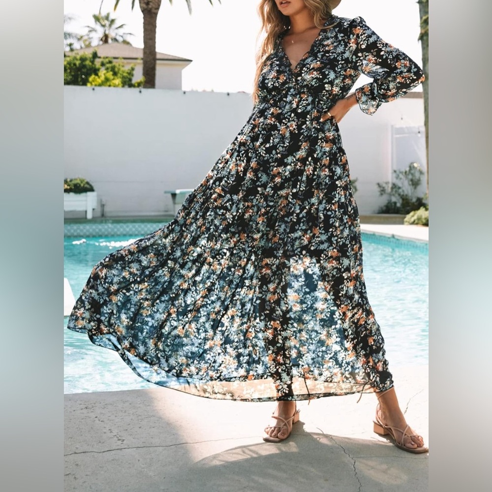 Navy Floral Long Sleeve Dress women’s size M